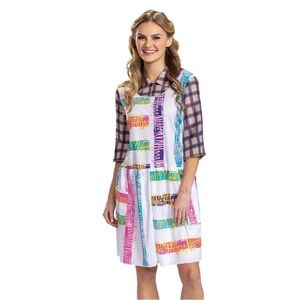 Netflix Stranger Things ELEVEN blue Multi-Color Print Dress Plaid Sleeves - XL